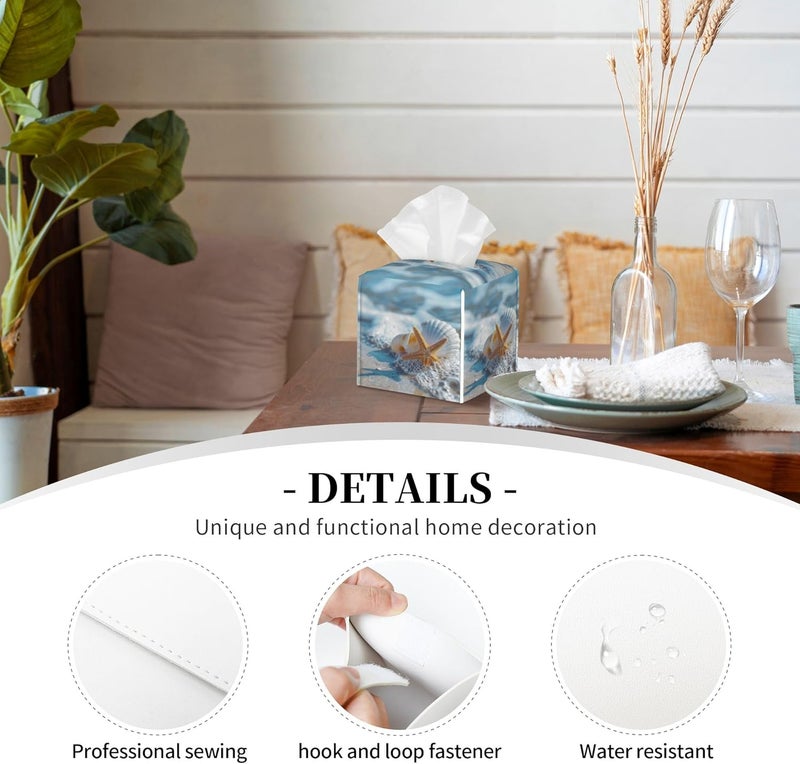 sndheke Shells Starfish on Beach Tissue Box Cover Square,Summer Ocean Shells Starfish Tissue Box Holder Waterproof Leather Facial Paper Organizer Dispenser for Bathroom Home Car Nightstand Vanity Desk - Image 3